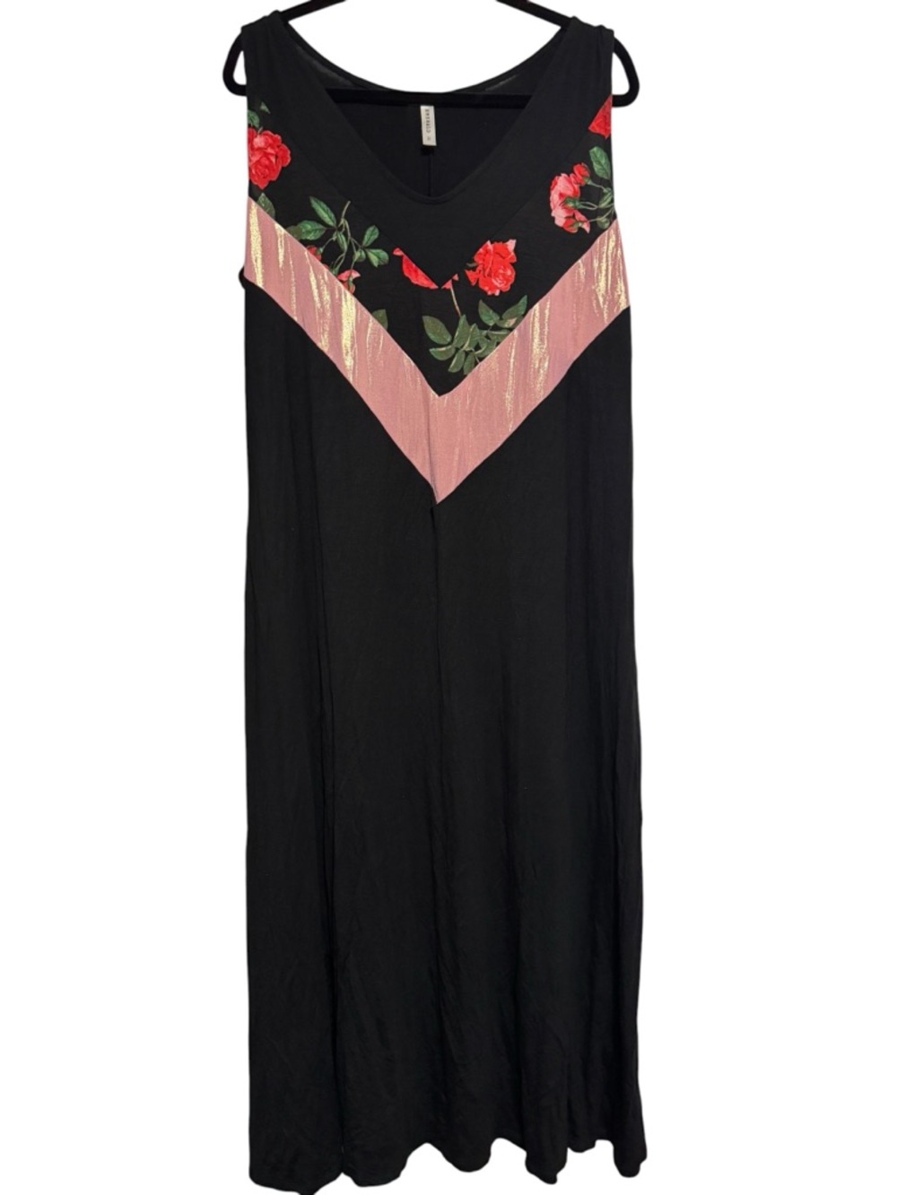 Emerald Black Maxi Dress with Pink Chevron & Red Floral Accents Size 2X